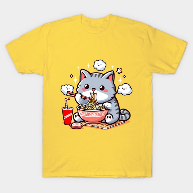 Cute Cat Eating Ramen T-Shirt by Arief Uchiha